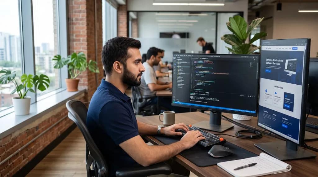 Security and CMS engineer reviewing platform configurations in a professional office