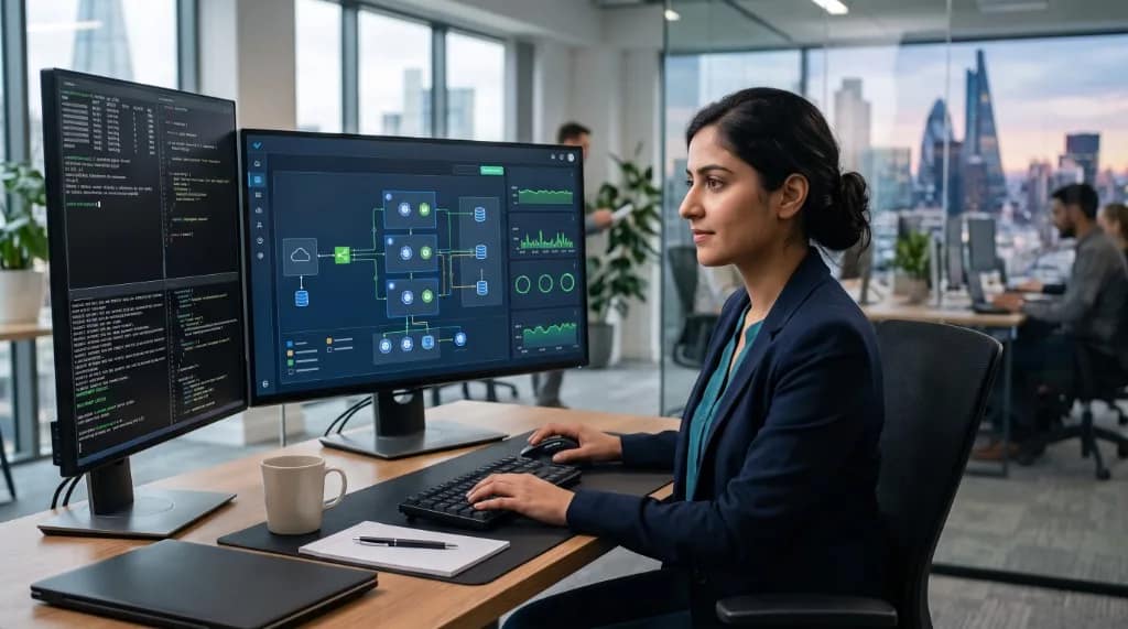 Interactive technologist reviewing immersive systems and infrastructure dashboards